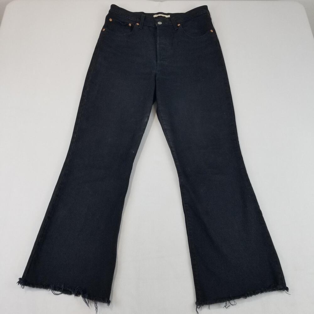 Levi's Jeans Womens 30 x 29 Black Ribcage Crop Flare Raw Hem Big E Wide Leg
